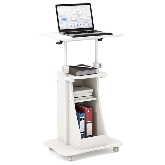 Sit to Stand Mobile Lectern Teacher Podium Portable Height Adjustable Podium Stand Rolling Laptop Desk Cart with Storage Shelf Swivel Top for Classroom, Concert, Church White