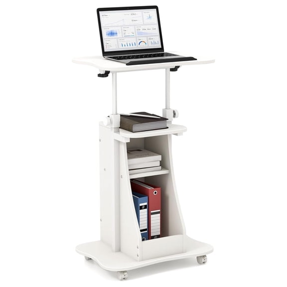 Sit to Stand Mobile Lectern Teacher Podium Portable Height Adjustable Podium Stand Rolling Laptop Desk Cart with Storage Shelf Swivel Top for Classroom, Concert, Church White