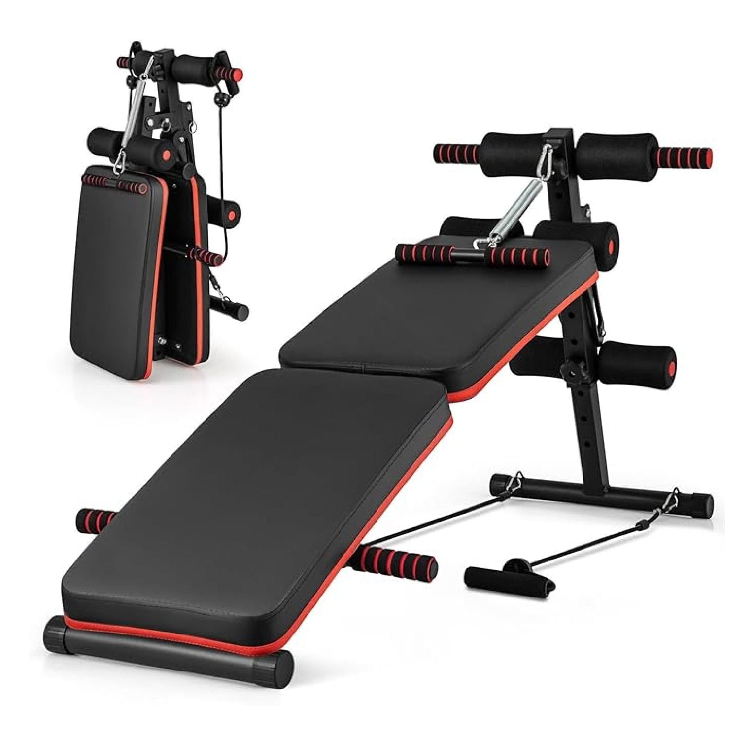 Sit Up Bench 330lbs, Folding Decline Workout Bench with Spring Handle & Elastic Ropes, Adjustable Height Incline for Abdominal & Strength Training