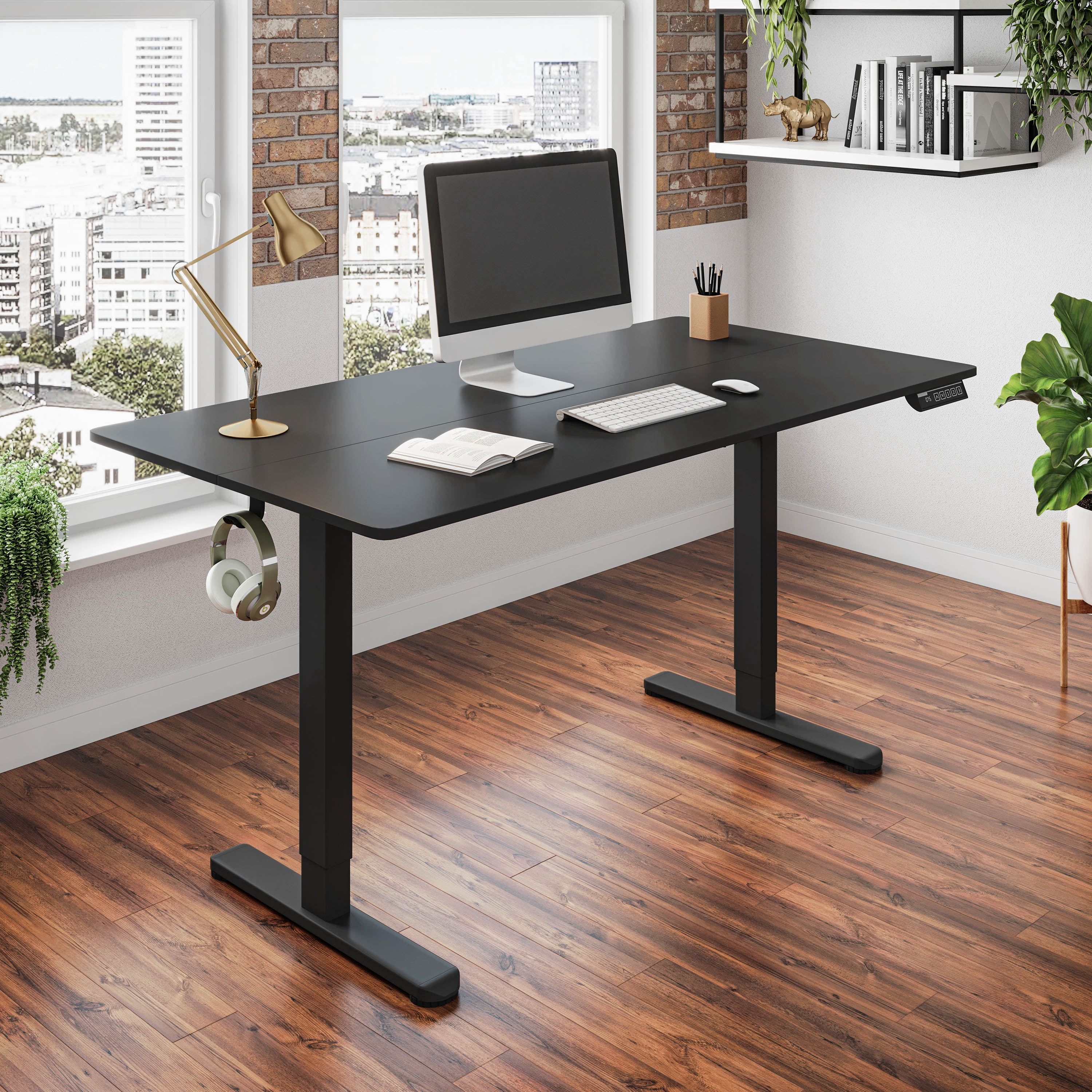 Sit-to-Stand Desk, Height Adjustable Standing Desk with 3 Memory Presets & Dual Headphone Hooks, Electric Lift Workstation for Home Office Gaming