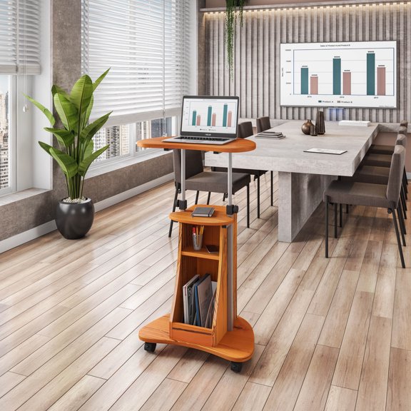 Sit-to-Stand Rolling Adjustable Height Laptop Cart with Storage Accessory Shelf, 28-43in Height Lockable Casters Moisture Resistant MDF Mobile Workstation