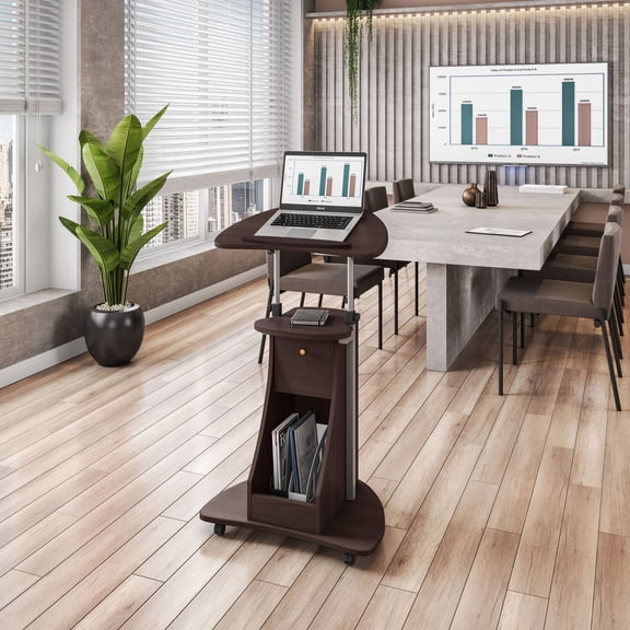 Sit-to-Stand Rolling Adjustable Laptop Cart with Open & Closed Storage, 31.5-45.5in Height Tilting Desktop Lockable Casters Moisture Resistant MDF Mobile Workstation