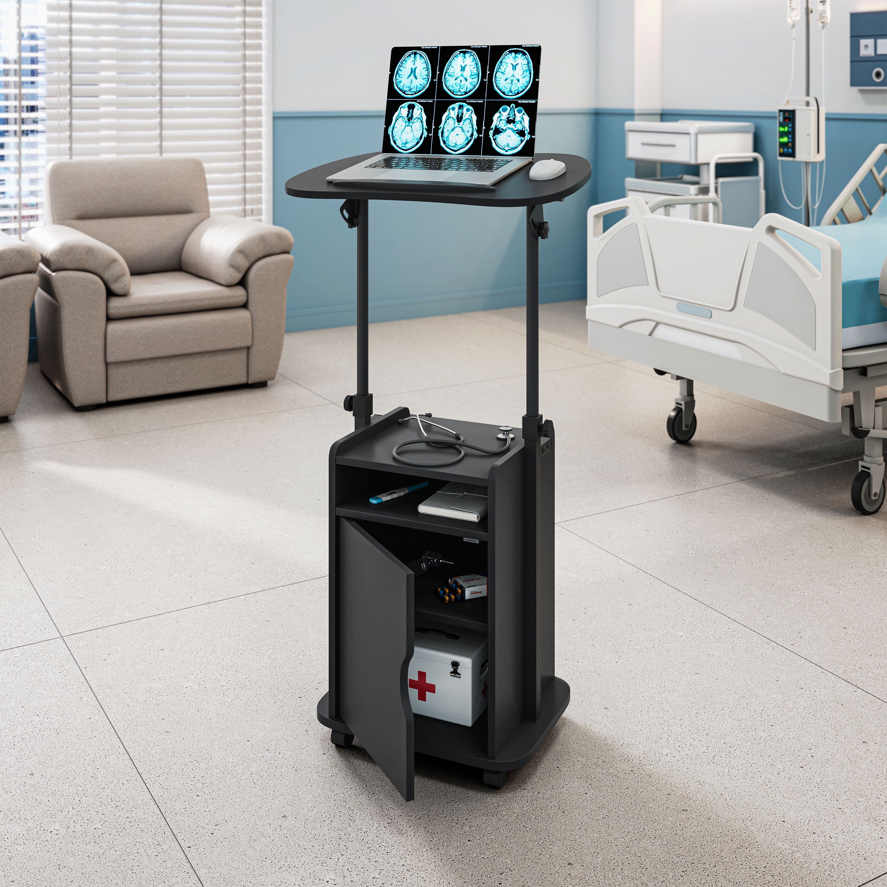 Sit-to-Stand Rolling Adjustable Laptop Cart with Storage Cabinet & Open Shelf, Lockable Wheels Ergonomic Mobile Standing Desk Podium for Home Office Classroom Bedside