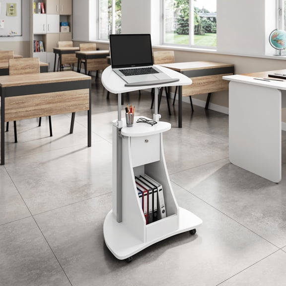 Sit-to-Stand Rolling Adjustable Laptop Cart With Storage, White