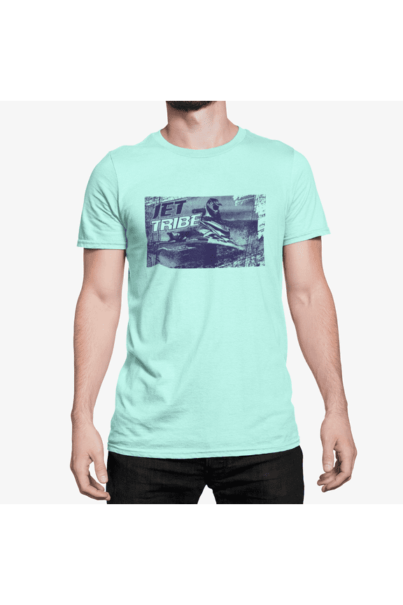 Sitdown Jet Ski Men's T-Shirt | Jettribe Newsprint Style | Color: Aqua Blue/Green