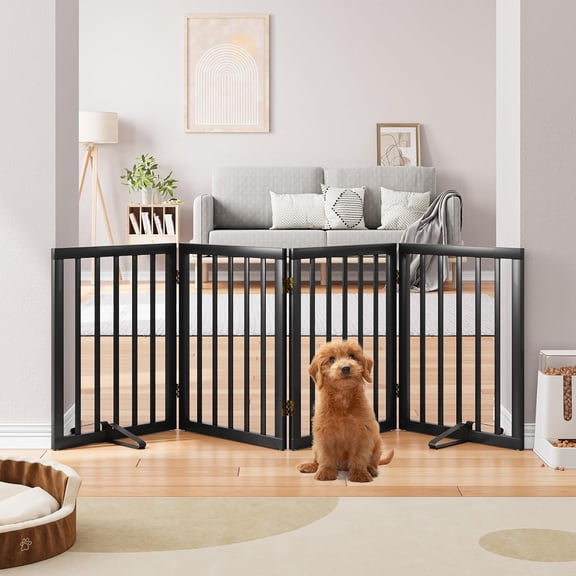 Sitebo Trading Solid Bamboo Dog Gate with 2 Stands, Freestanding Pet Gates for Doorways and Stairs, 24" Height-4 Panels Puppy Gate for the House, Fully Assembled Indoor Gate Adjustable Safety