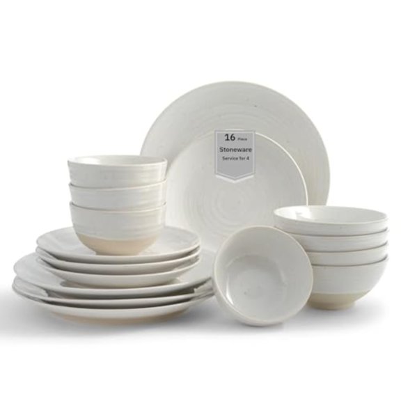 Siterra 16-Piece Rustic White Stoneware Dinnerware Set Service for 4 White with Glossy Speckle Overlay for Everyday Dining Entertainment Microwave Dishwasher Safe