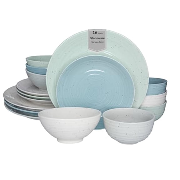 Siterra Artist's Blend 16-Piece Stoneware Dinnerware Set for 4 Green Cream White Glossy Dishes with Speckles Ceramic Plates and Bowls Sets for Everyday Dining Microwave Dishwasher Safe