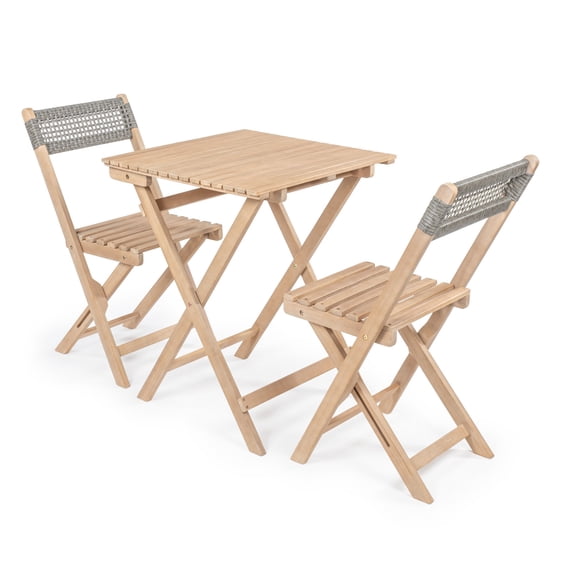 Sitges Modern Mid-Century 3-Piece Roped Acacia Wood Outdoor Folding Bistro Set, Gray/Light Teak