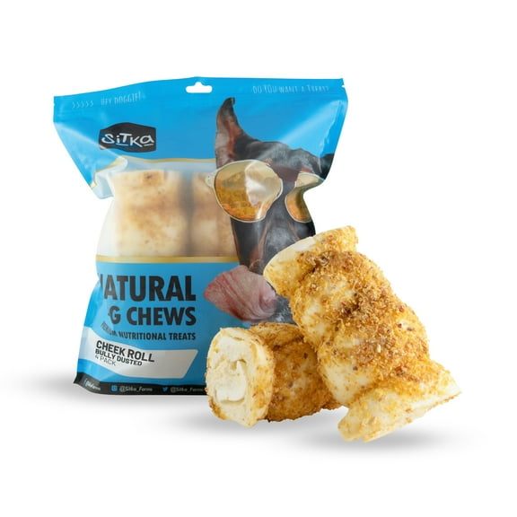 Sitka Farms Bully Dusted Beef Cheek Roll 5-6" Extra Thick Dog Chews for Small Medium and Large Dogs (4 Count)