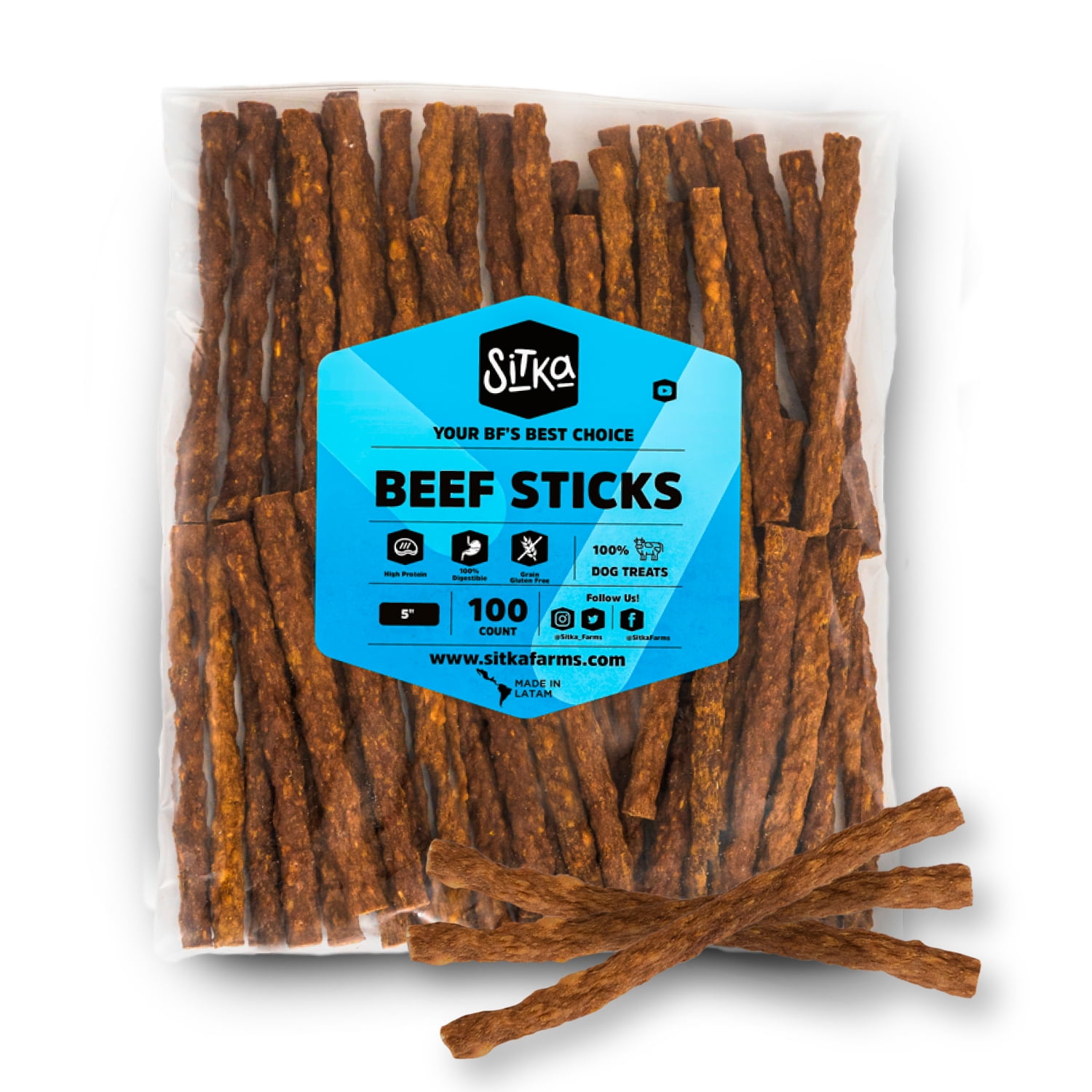 Sitka Farms Premium Beef Sticks for Dogs 5 Inches for Small Medium and Large Dogs (100 Count)