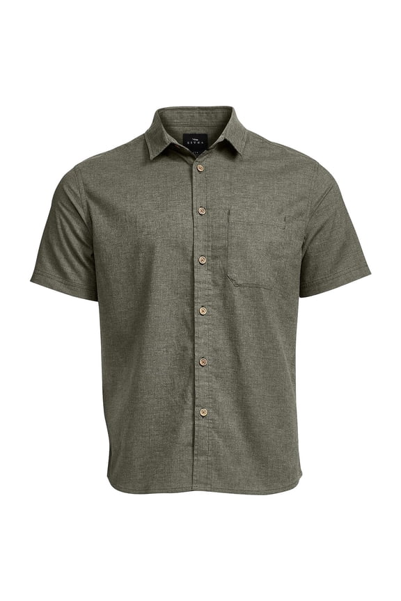 Ambary Short Sleeve Shirt, Deep Lichen Heather, Medium, Hemp Blend, Lightweight, Durable, Natural Wood Buttons, Chest Pocket (600219-DPL-M)