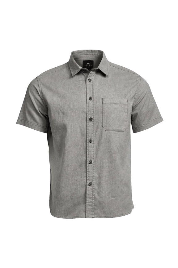 Ambary Short Sleeve Shirt, Woodsmoke Heather, Large, Hemp Blend, Lightweight, Durable, Chest Pocket, Natural Wood Buttons (600219-WSH-L)