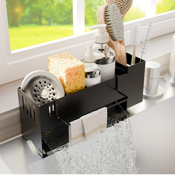Sitlais Black Sponge Holder for Kitchen Sink, Sink Caddy Organizer with High Brush Holder, Kitchen Countertop Organizer & Storage Essential, Rustproof Metal, Soap Dispenser Organizer