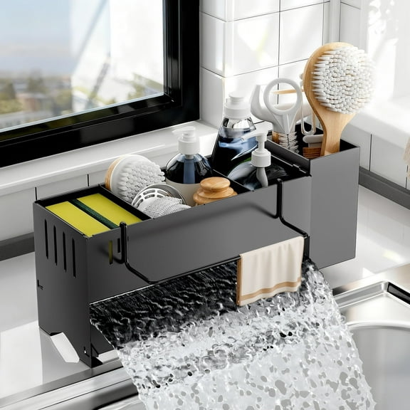 Sitlais Black Sponge Holder for Kitchen Sink, Sink Caddy Organizer with High Brush Holder, Kitchen Countertop Organizer & Storage Essential, Rustproof Metal, Soap Dispenser Organizer
