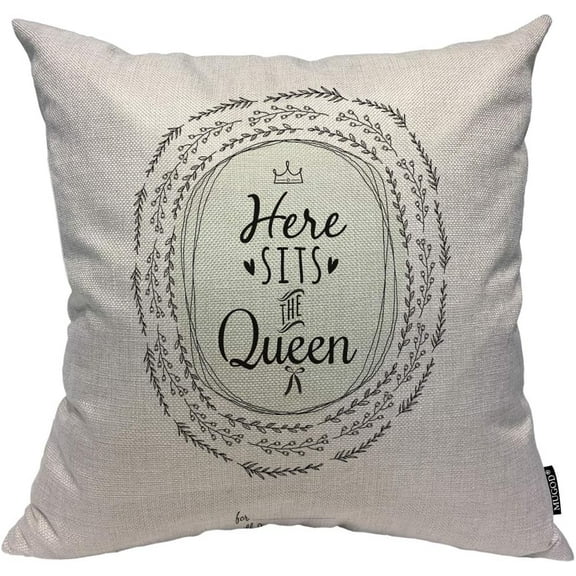 Here Sits The Queen Decorative Pillow Case Crown Heart Bowknot Flowers Wreaths Leafs Throw Pillow Cover Home Decor Cotton Linen Square Cushion Cover for Couch Bed Sofa 18X18 Inch