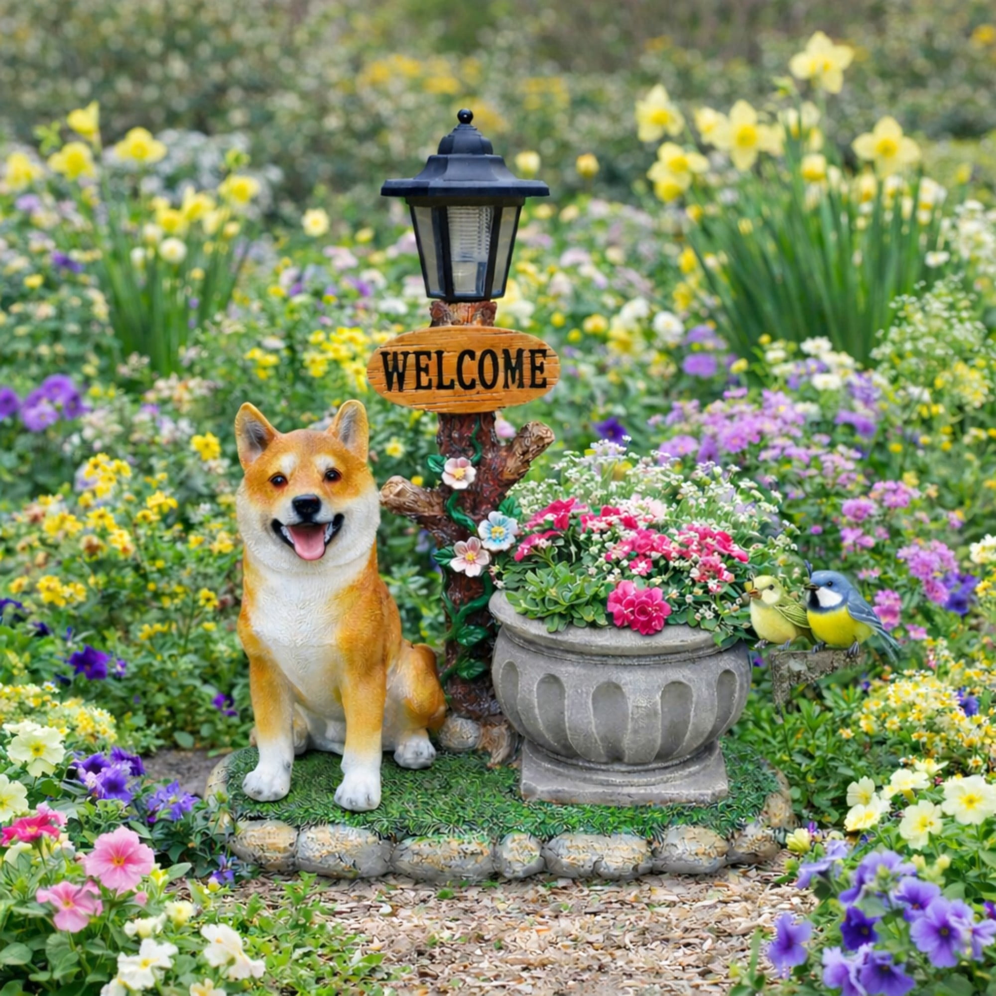 Sitting Akita Dog Planter Statue, Brown Resin Garden Decor Flower Pot for Yard Patio Balcony Outdoor