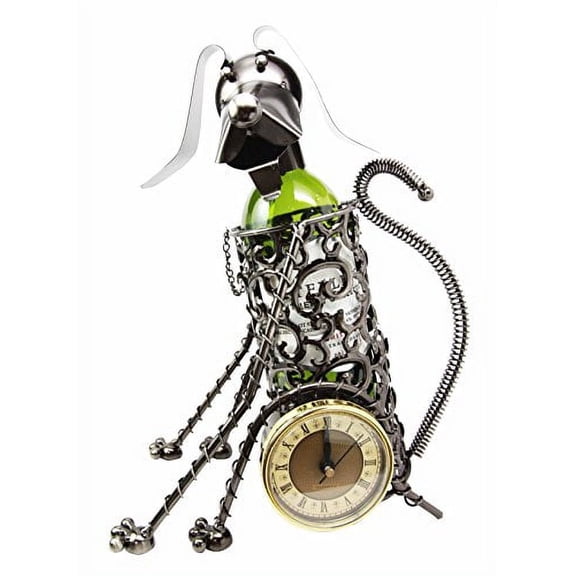 Sitting Beagle Dog Hand Made Metal Wine Bottle Holder Caddy With Analog Clock Decor