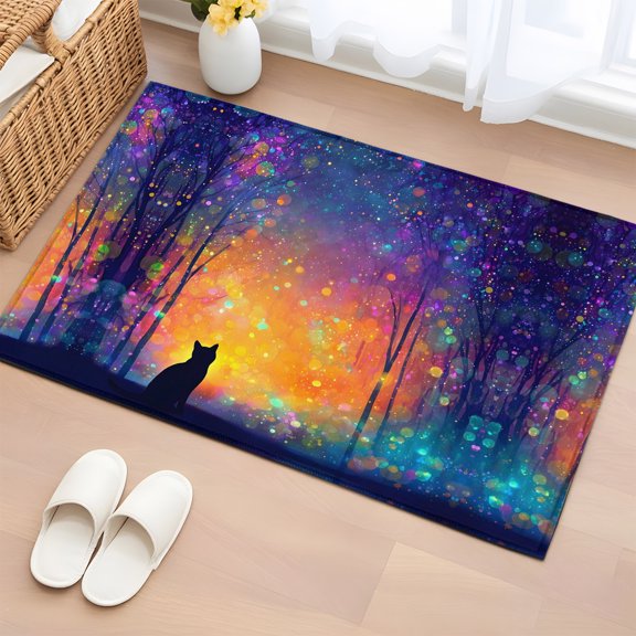 Sitting Black Cat 2'x3' Rug for Entryway Front Door Kitchen Sink Area, Enchanted Forest Fantasy Sky Dreamy Low Pile Washable Non Slip Rectangle Area Rug