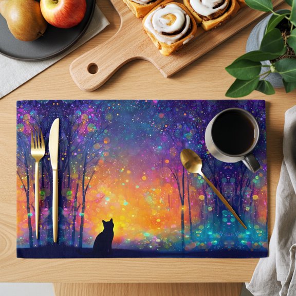 Sitting Black Cat Placemats Set of 1, Enchanted Forest Fantasy Sky Dreamy Non-Slip Place Mats Washable Table Mats for Kitchen Dining Table Decorations Indoor/Outdoor