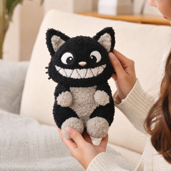Sitting Black Cat Plush Toy, Embroidered Face Stuffed Animal with Unique Grin, Soft Upright Kitten Doll for Desk Shelf Home Decor, Cute Gift for Cat Lovers Kids Teens
