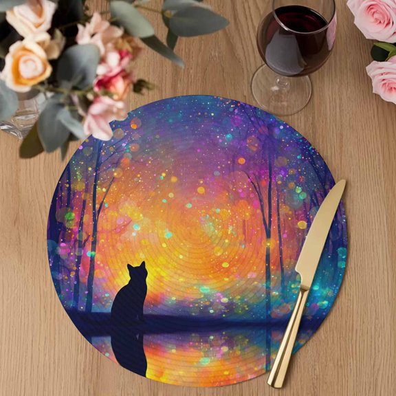 Sitting Black Cat Round Braided Placemats Set of 2, Enchanted Forest Fantasy Sky Dreamy Heat Insulation Place Mats Washable Non-Slip Table Mats for Kitchen Dining Party, 13 Inches