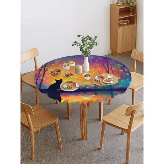 Sitting Black Cat Round Fitted Tablecloth with Elastic Edge, Enchanted Forest Fantasy Sky Dreamy Waterproof Stretch Table Covers for 55"-60" Tables Wipeable Table Cloth for Outdoor