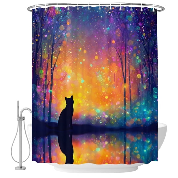 Sitting Black Cat Shower Curtain for Bathroom, Enchanted Forest Fantasy Sky Dreamy Waterproof Cloth Fabric Bathroom Accessories Set with 12 Rust Proof Plastic Hooks, 72"x96"