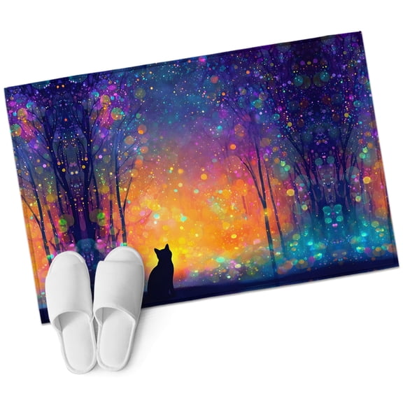 Sitting Black Cat Washable Small Entryway Area Rugs 2'x3', Enchanted Forest Fantasy Sky Dreamy Low Pile Throw Rug Non-Slip Sturdy Edge Binding Carpet for Front Door Floor Room Entry