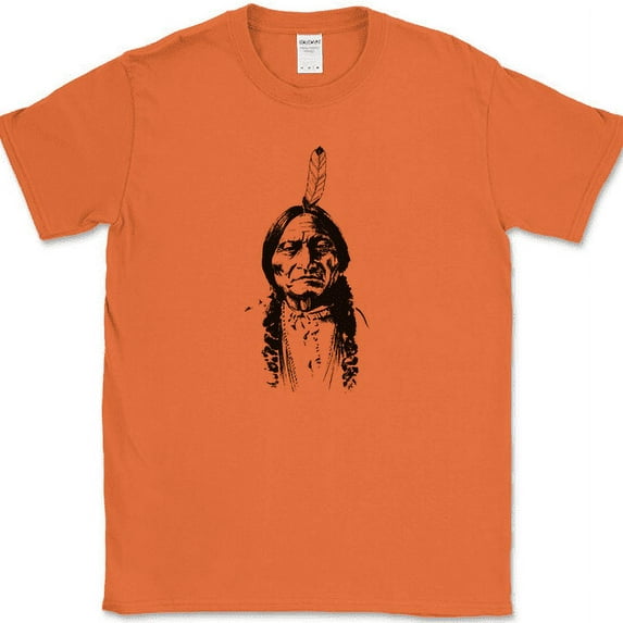 Sitting Bull Indian T-Shirt Funny Native America Trendy Graphic Gift Tee - Orange, S