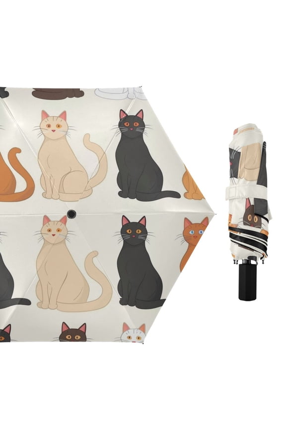 Sitting Cats All Weather Umbrella Triple Folding Parasol 6 Ribs UV Protection Portable