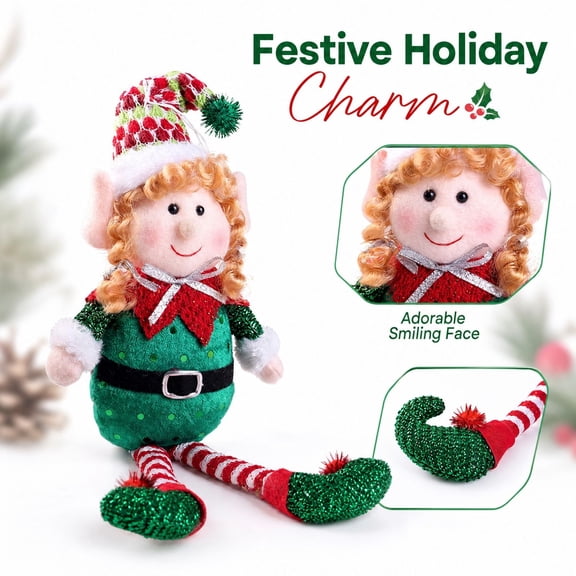 Sitting Elf Doll with Long Legs and Glittery Green Outfit, Red and White Striped Legs, for Shelf and Table Display, Christmas Decoration