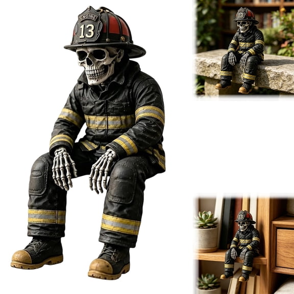 Sitting Firefighter Skeleton Figurine With No.13 Fire Helmet Reflective Strip Uniform Multi-Scene Tabletop Statue For Office Desk Shelf Halloween Themed Decor(Black-10cm)