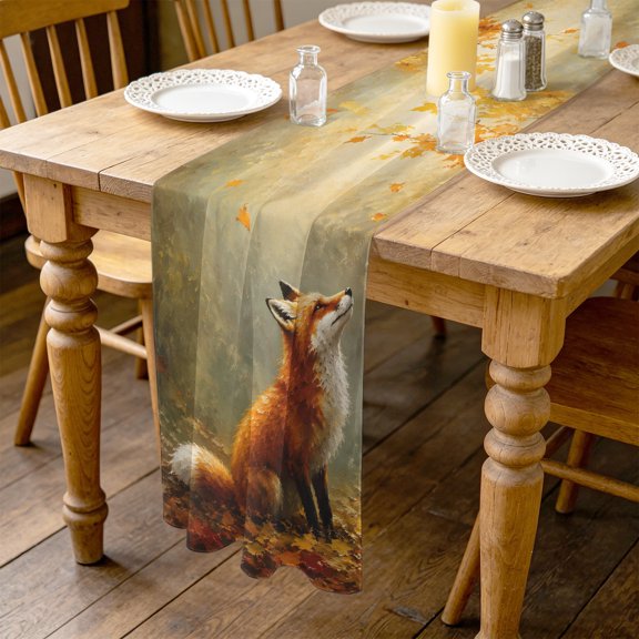 Sitting Foxes 4.5ft Cheesecloth Table Runner for Wedding 19"x55", Red Orange Maple Leaf Forest Gold Sunbeams Rustic Kitchen Dinner Sheer Tulle Chiffon Dresser Scarf, Holiday Party Decorations