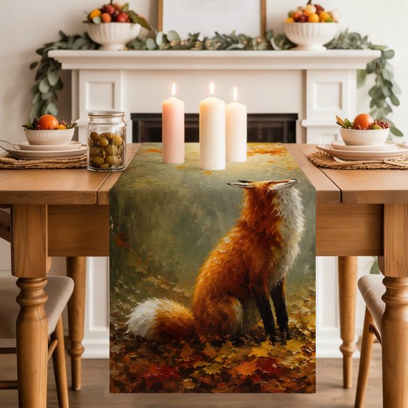 Sitting Foxes Dining Table Runner, Red Orange Maple Leaf Forest Gold Sunbeams Rustic Washable Table Runners Kitchen Coffee Table Center Decor for Home Party Holiday Wedding 13 x 36 Inches