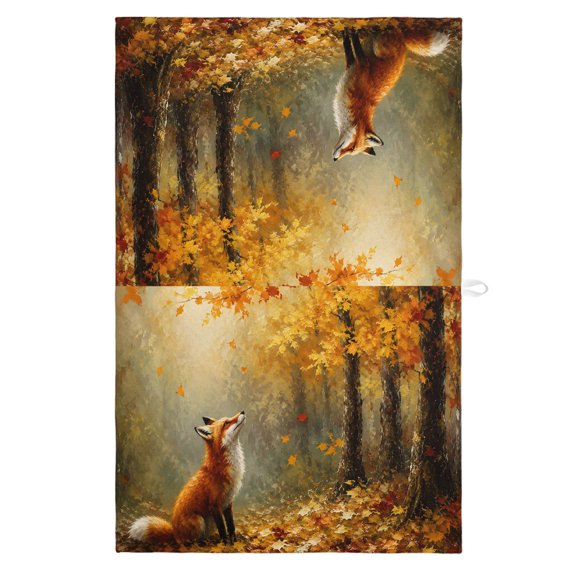 Sitting Foxes Kitchen Towels Dish Towel Pack of 1 Red Orange Maple Leaf Forest Gold Sunbeams Rustic Soft Dish Cloth Set Absorbent Dishcloth for Drying Dishes, Hand Towels 18 x 28 Inches