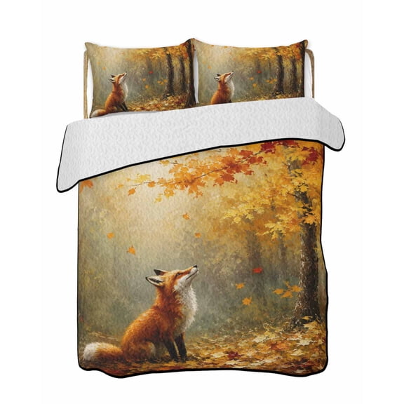 Sitting Foxes Quilts Bedding Set California King Red Orange Maple Leaf Forest Gold Sunbeams Rustic Lightweight Quilted Bedspread 3 Piece Bed Quilt with 2 Pillow Shams for Bedroom 96" x 106"