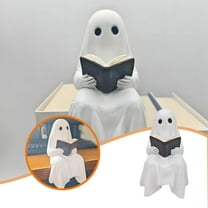Sitting Ghost with Book - Halloween Decorations Indoor, Cute Ghost Figurine for Bookshelf, Desk or Mantel, Spooky Yet Charming Resin Decor for Home & Office