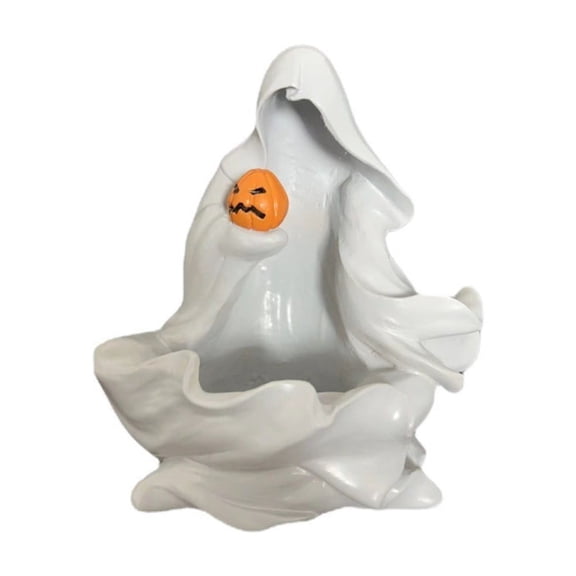 Sitting Ghost Halloween Figurine in Black and White Resin for Haunted House Design with Meditating Pose for Spooky Zen Decor and Tabletop Accents