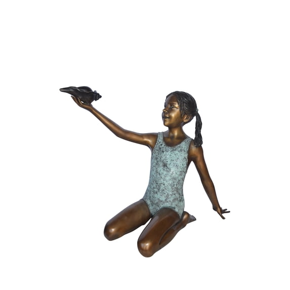 Nifao Sitting Girl Holding Shell – Outdoor Bronze Fountain, Garden Water Feature, 32"L x 22"W x 25"H