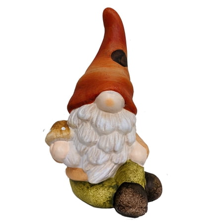 Sitting Gnome with Orange Hat Holding Mushroom Ceramic Garden Statue 8 Inch