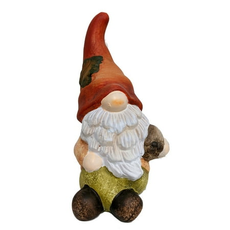 Sitting Gnome with Orange Hat Holding Pinecone Ceramic Garden Statue 8 Inch
