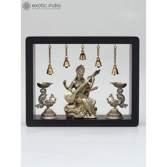 Sitting Goddess Saraswati with Peacock Lamps Wood Framed Brass