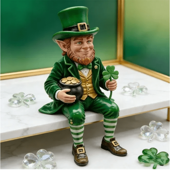 Sitting Leprechaun Figurine, Resin St. Patrick's Day Decor Pot of Gold & Shamrock, Whimsical Irish Tabletop Statue for Home Office Desk Party Supplies, Gift for Irish Decor Lovers