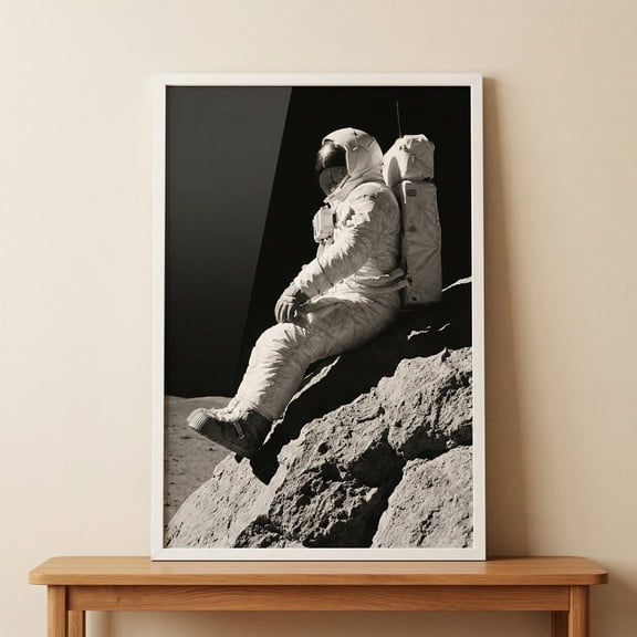 Sitting Lunar Rock Astronaut Wall Art space decor black and white moon print monochrome lu