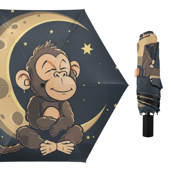 Sitting Monkey Moon Stars All Weather Umbrella Triple Folding Parasol 6 Ribs UV Protection Portable
