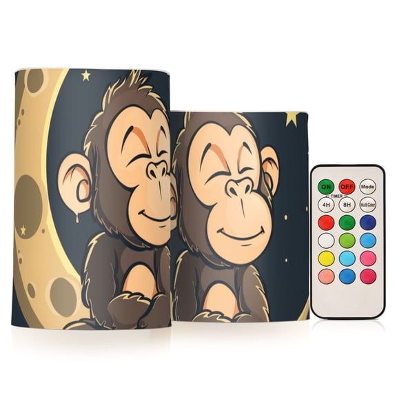 Sitting Monkey Moon Stars Flickering Flameless Candles LED Tealight Battery Operated with Remote Set of 2 Holiday Decor Ornaments