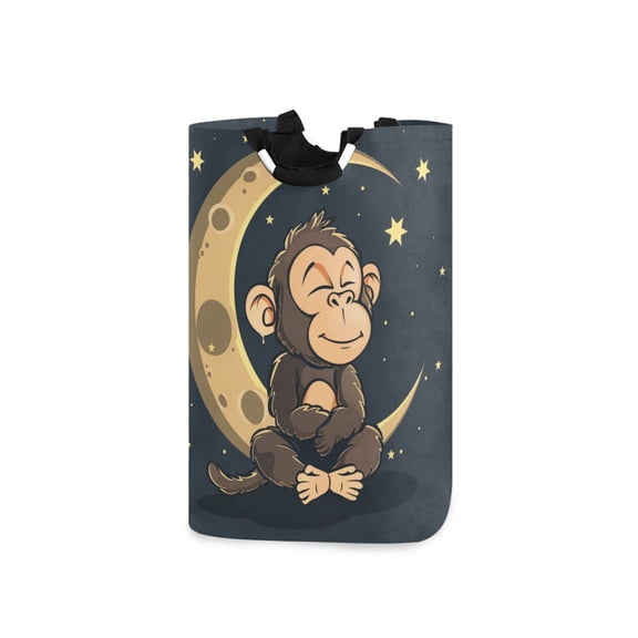 Sitting Monkey Moon Stars Laundry Basket with Handles Foldable Laundry Hamper Freestanding Washing Bin 50L