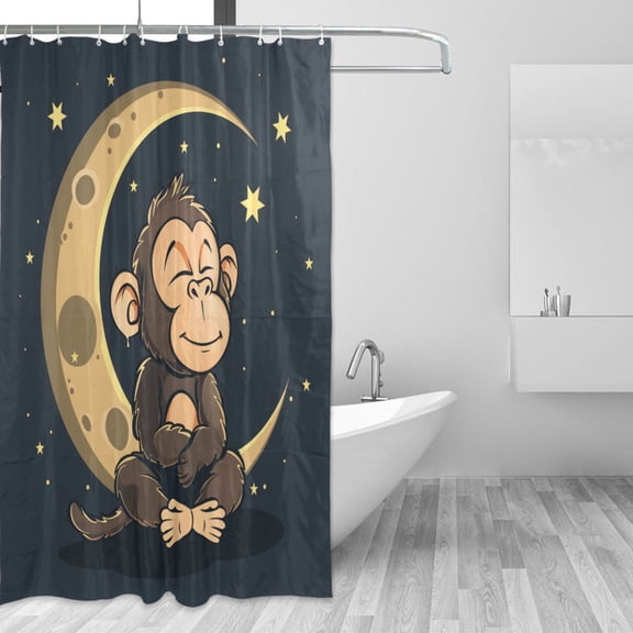 Sitting Monkey Moon Stars Shower Curtains with 12 Hooks Waterproof Bathroom Decor 66" x 72"