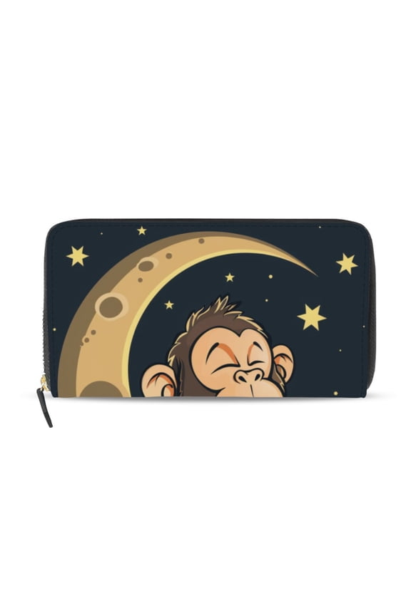 Sitting Monkey Moon Stars Women's Long Zipper Wallet Bifold Clutch Purse PU Leather Card Cases